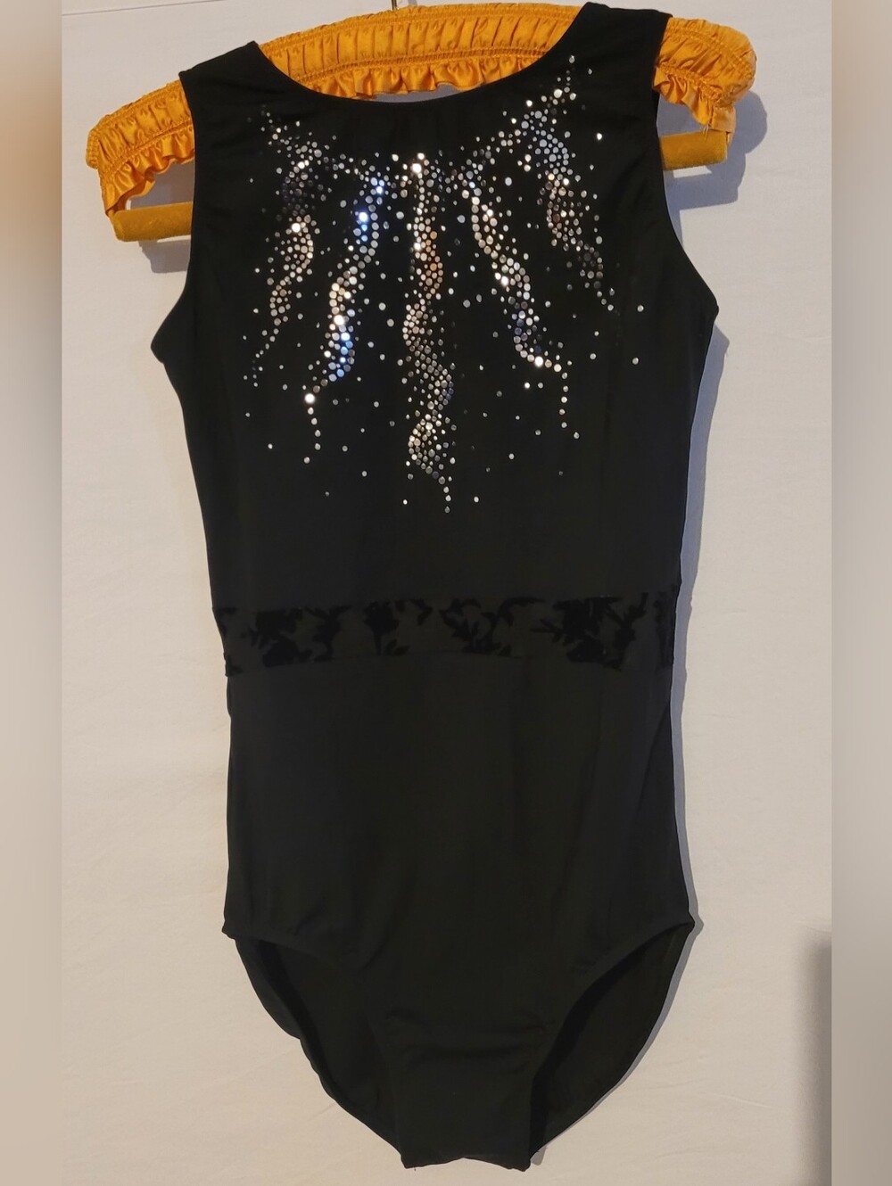 Black Sparkle Sleeveless Dance Leotard With Floral Mesh Waist, 17-18y
